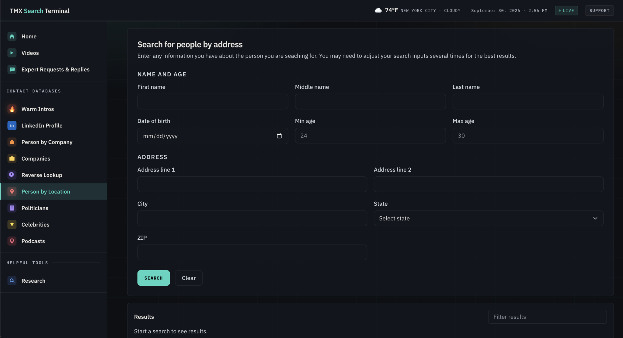 TMX Search contact database with fields to find people by name, age, and address.
